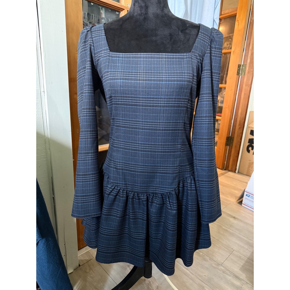 Gianni Bini Kendall Blue Plaid Square Neck Drop Waist Mini Dress NWT Size 10